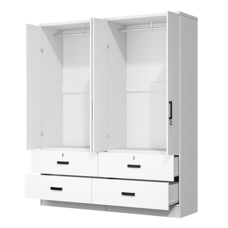Double Wardrobe with 4 Slim Door and 4 Drawers Latitude Run Finish White